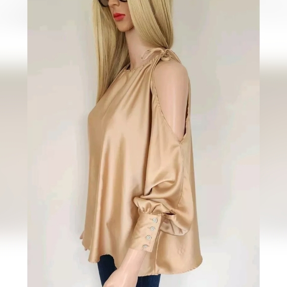 ZARA GOLD RHINESTONES BUTTONS SILKY FLOWY SATIN BLOUSE ONE SHOULDER TOP SMALL S - Picture 6 of 12